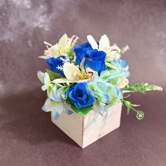 Faux Floral Arrangement in Rustic Wooden Box – Home or Office Decor - Picture 6 of 8
